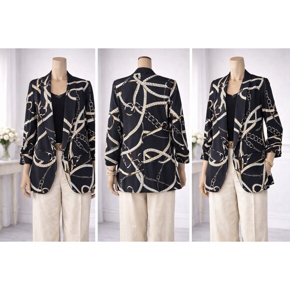 Alberto Makali Jackets & Blazers - Alberto Makali Women’s Black Chain Print Open Front Blazer Stretch Career Statem